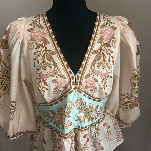 FARM Rio Cream Blouse with Pink Embroidery and Mint Waist